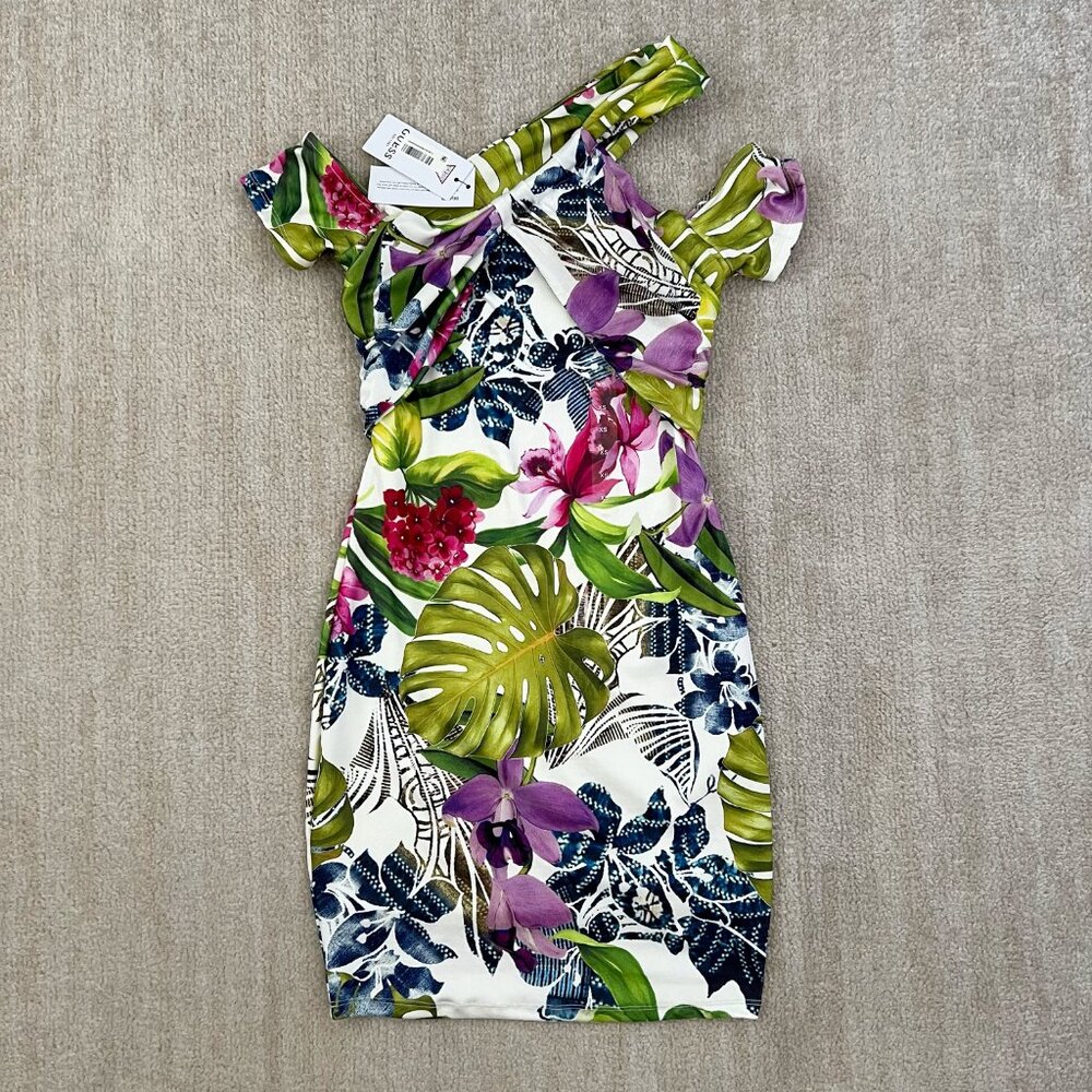 Guess Floral Tropical Mini Dress in White, Green, Purple